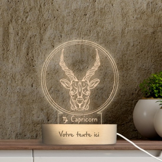 Personalizowana lampa 3D CAPRICORN SIGN z plexi z owalną drewnianą podstawą
